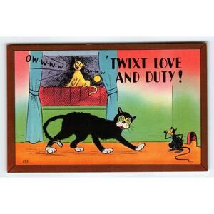 Vintage Linen Comic Postcard 'Twixt Love and Duty' Black Cat & Mouse